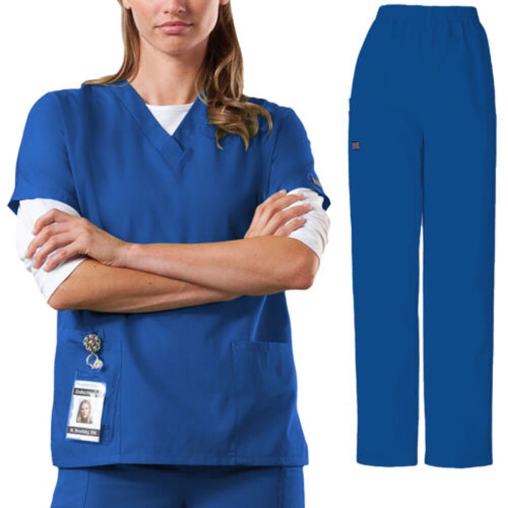 Cherokee Classic Wome/Unisex Scrub Set Royal Blue V-Neck Top & Pants 3XL Petite